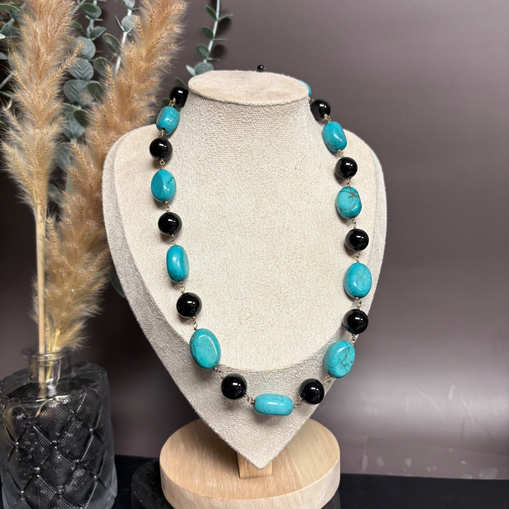 Turquoise Onyx Necklace | Black Blue Stone Beads‎ | Boho Statement Jewelry